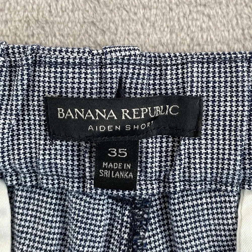 Banana Republic‎ Aiden Shorts Men 35 Blue Houndstooth Linen Blend Chino Casual